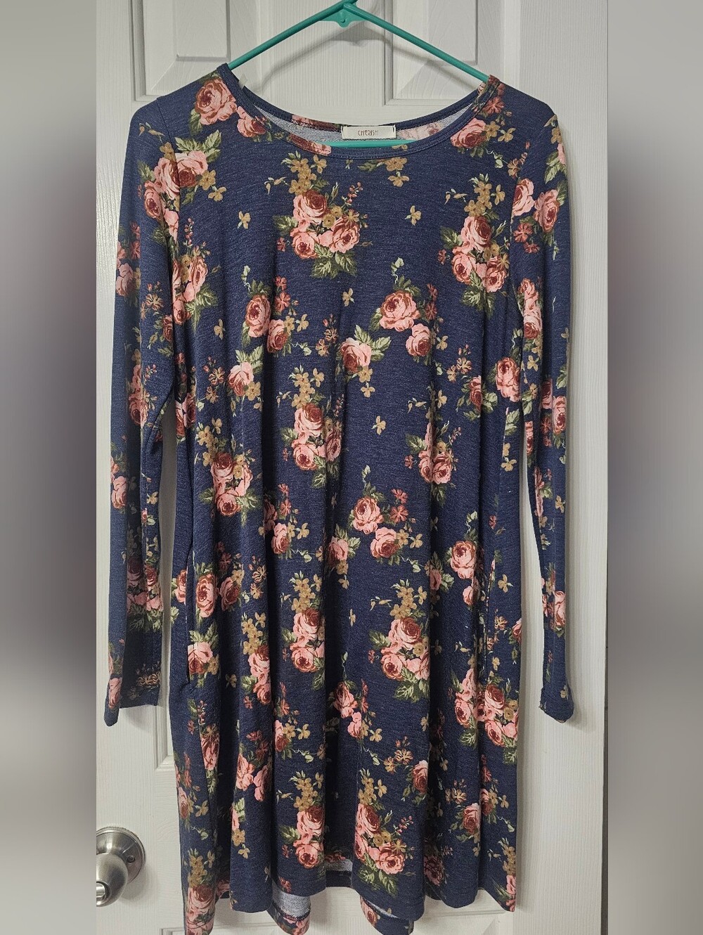 Cherish Navy Floral Long Sleeve Tunic with Pink Roses